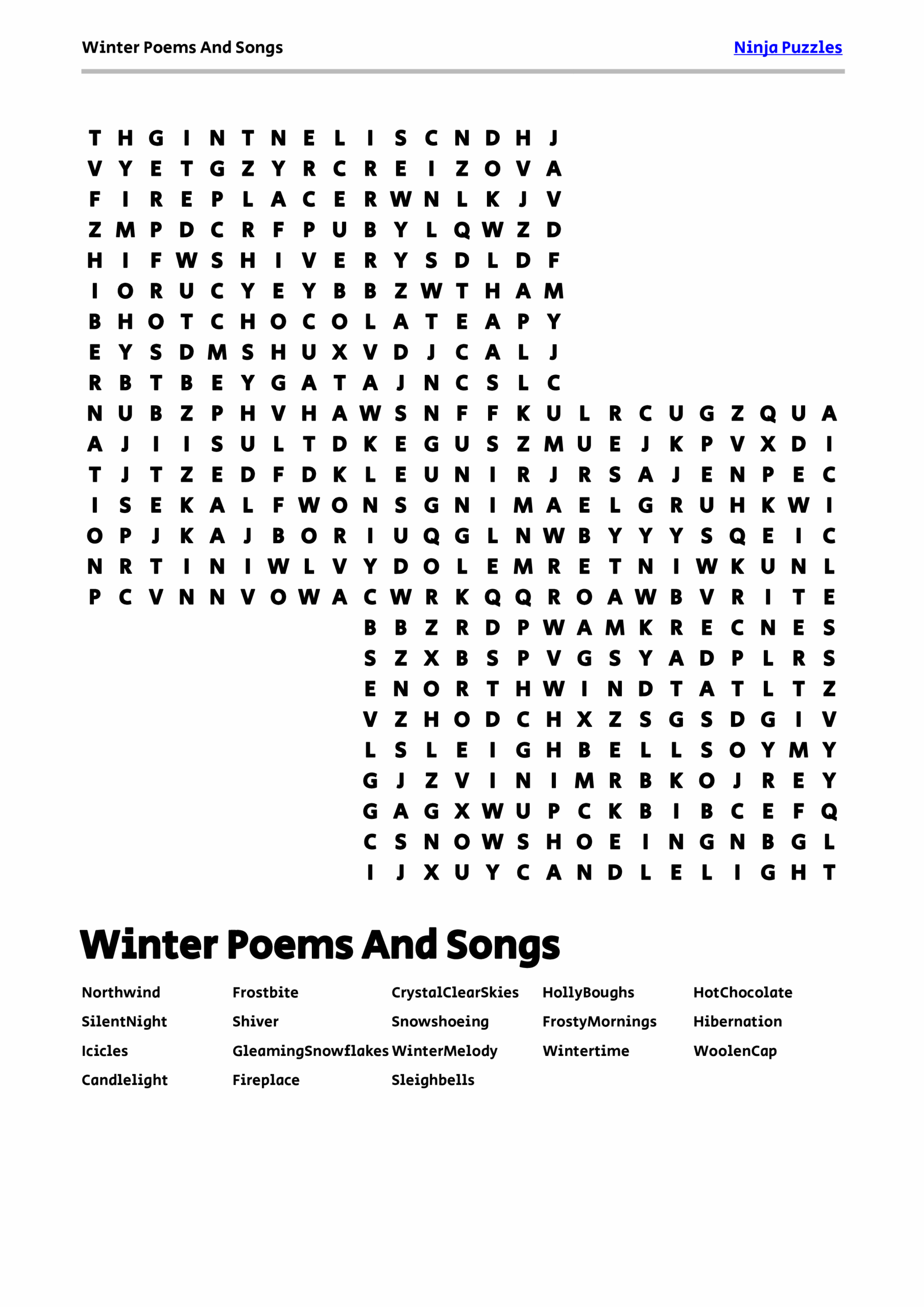 Free Printable Winter Poems And Songs Themed Word Search Puzzle 