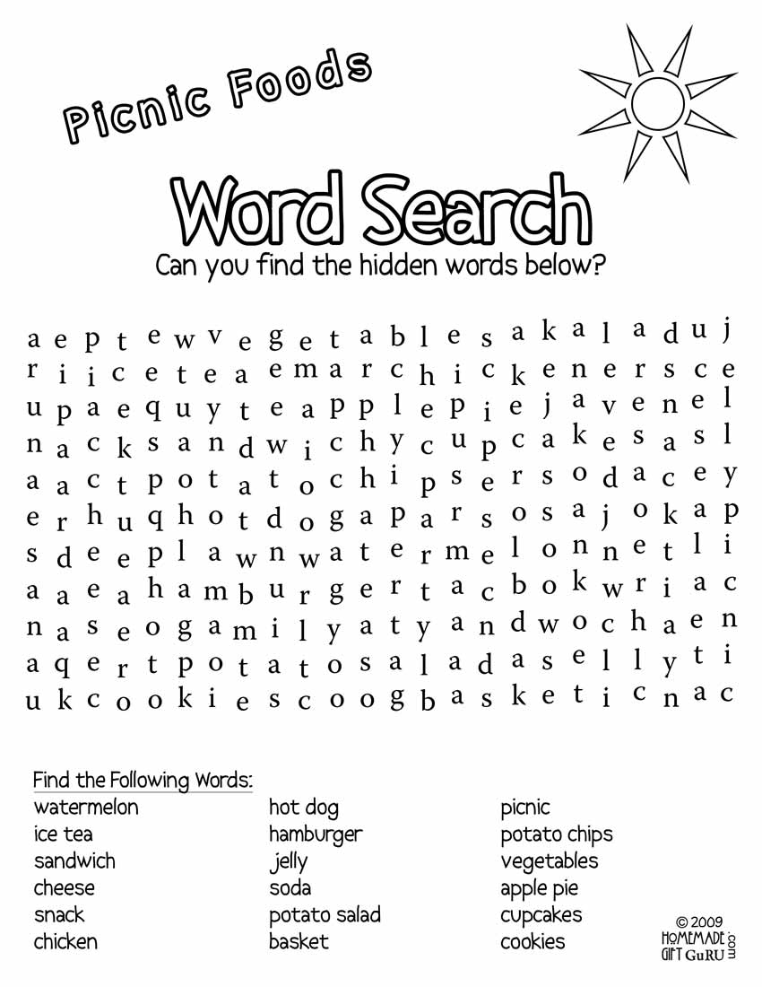 Free Printable Word Search Picnic Foods Worksheets Library