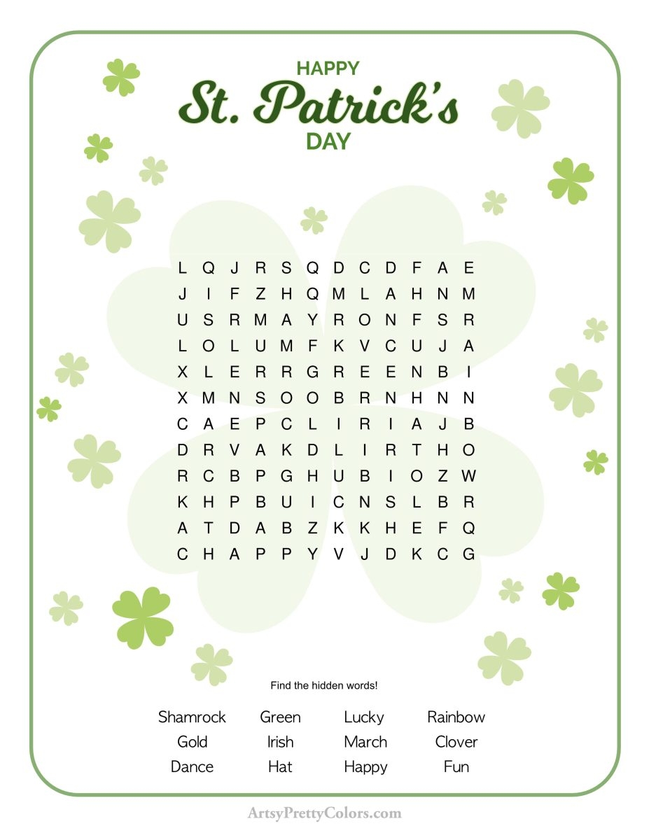 Free St Patrick s Day Word Search Printable Artsy Pretty Colors Free St Patrick s Day Word Search Printable Artsy Pretty Colors