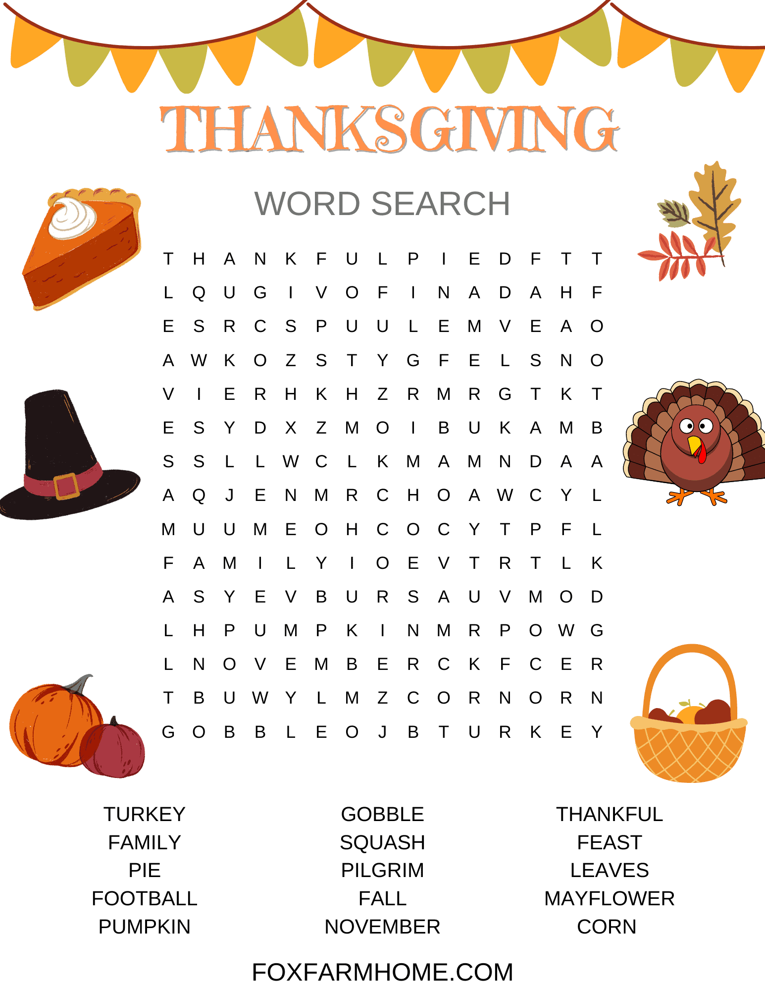 Free Thanksgiving Word Search Printable For Kids Fox Farm Home