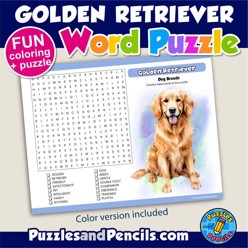 Golden Retriever Word Search Puzzle Activity Page And Coloring Dog Breeds Made By Teachers