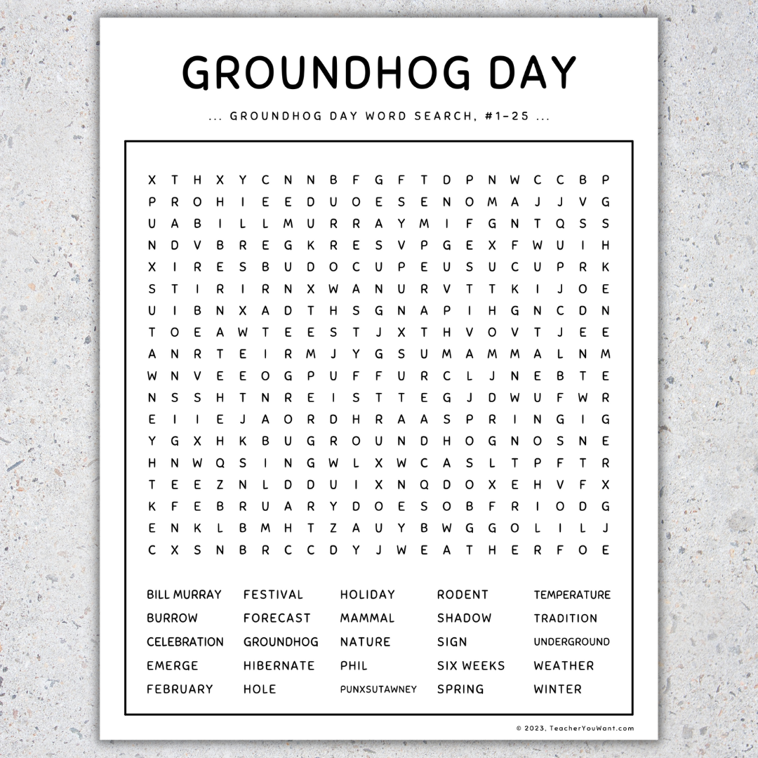 Groundhog Day Word Search Puzzle Worksheet Holiday Fun Activity 