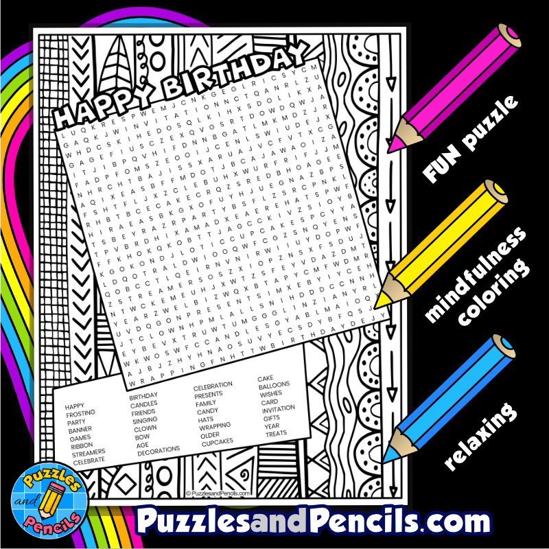 Happy Birthday Word Search Puzzle Activity Page With Coloring Wordsearch Made By Teachers