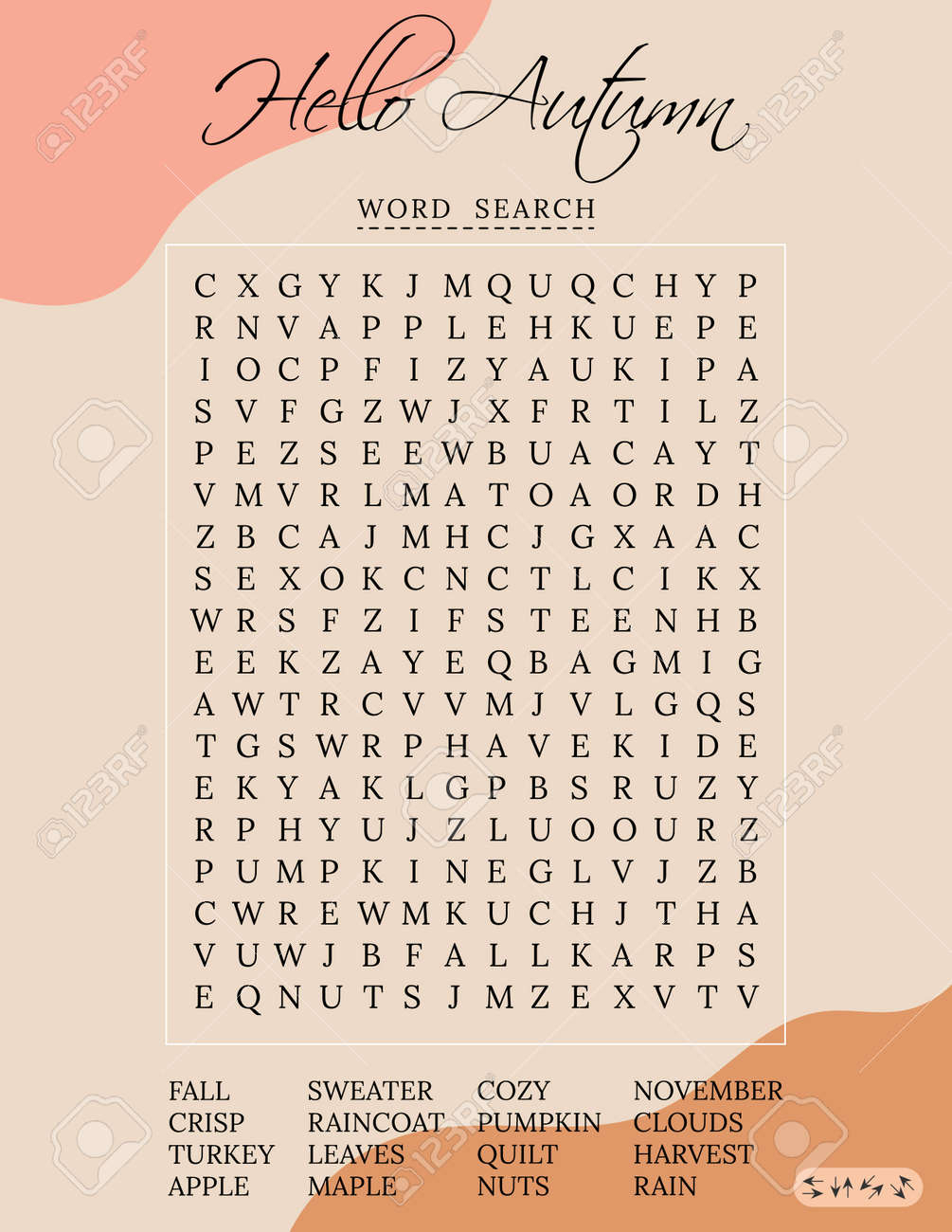 hello autumn word search puzzle for children or adults crossword game for learning english words fun suitable for social media post educational worksheet royalty free svg cliparts vectors and stock illustration image