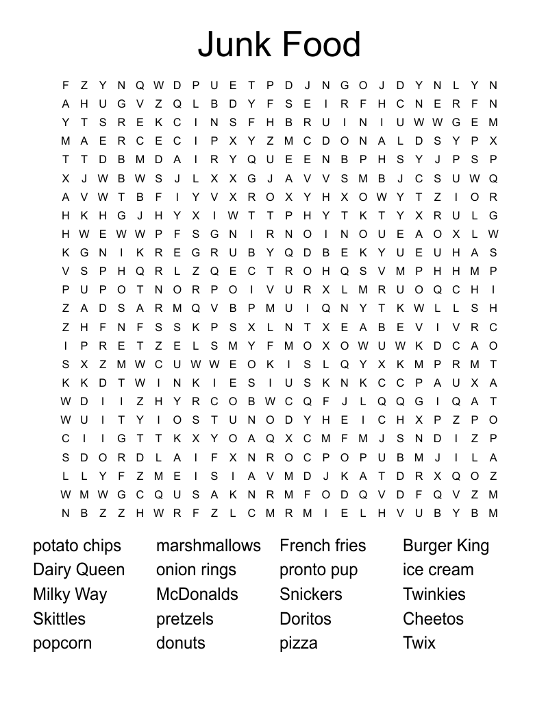 Junk Food Word Search WordMint Junk Food Word Search WordMint