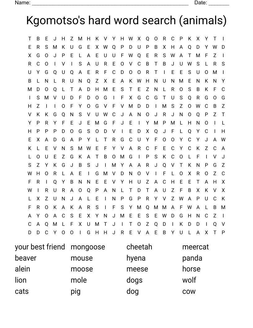 Kgomotso s Hard Word Search animals WordMint