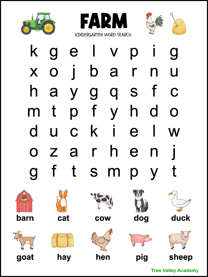 kindergarten farm word search tree valley academy