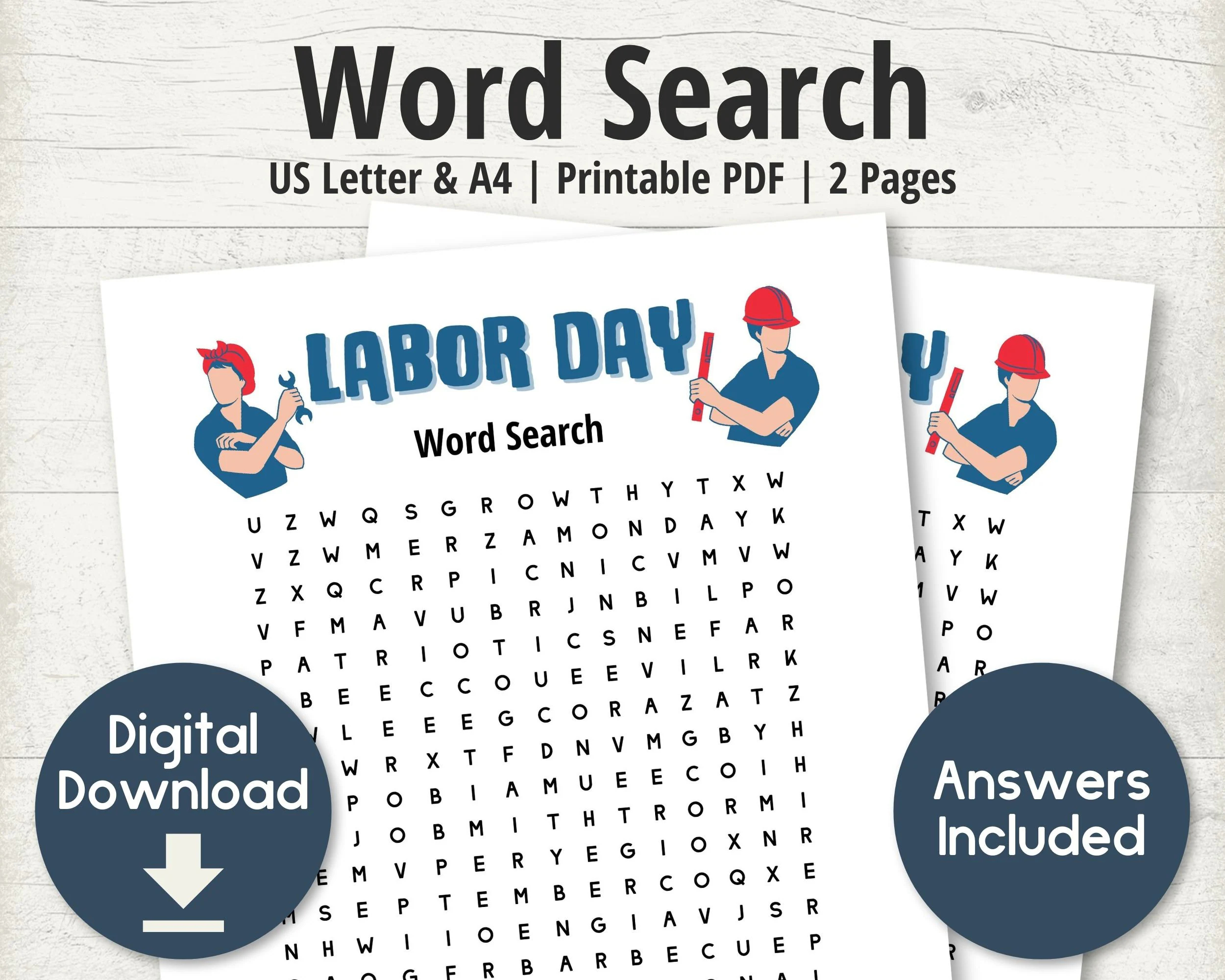 Labor Day Word Search Printable Games Digital Download Word 