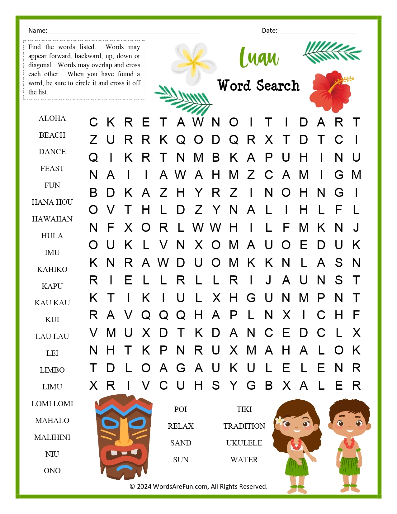 Luau Word Search For Kids Luau Word Search For Kids