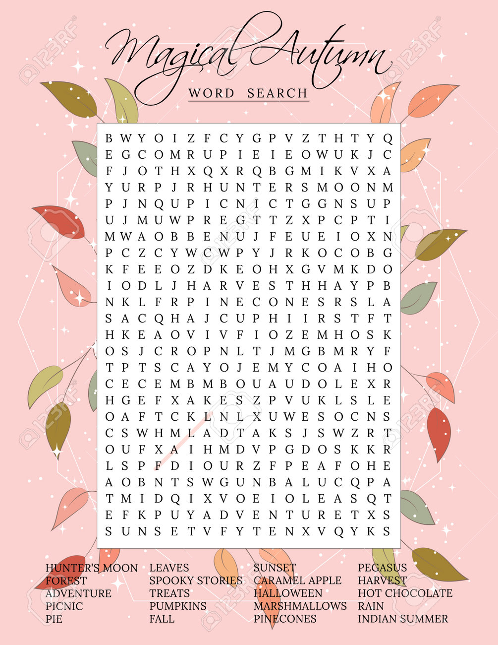 Magical Autumn Word Search Puzzle Fall Season Crossword Puzzle For Children Or Adults Printable Worksheet For Learning English Educational Keyword Activity Party Card Royalty Free SVG Cliparts Vectors And Stock Illustration Image