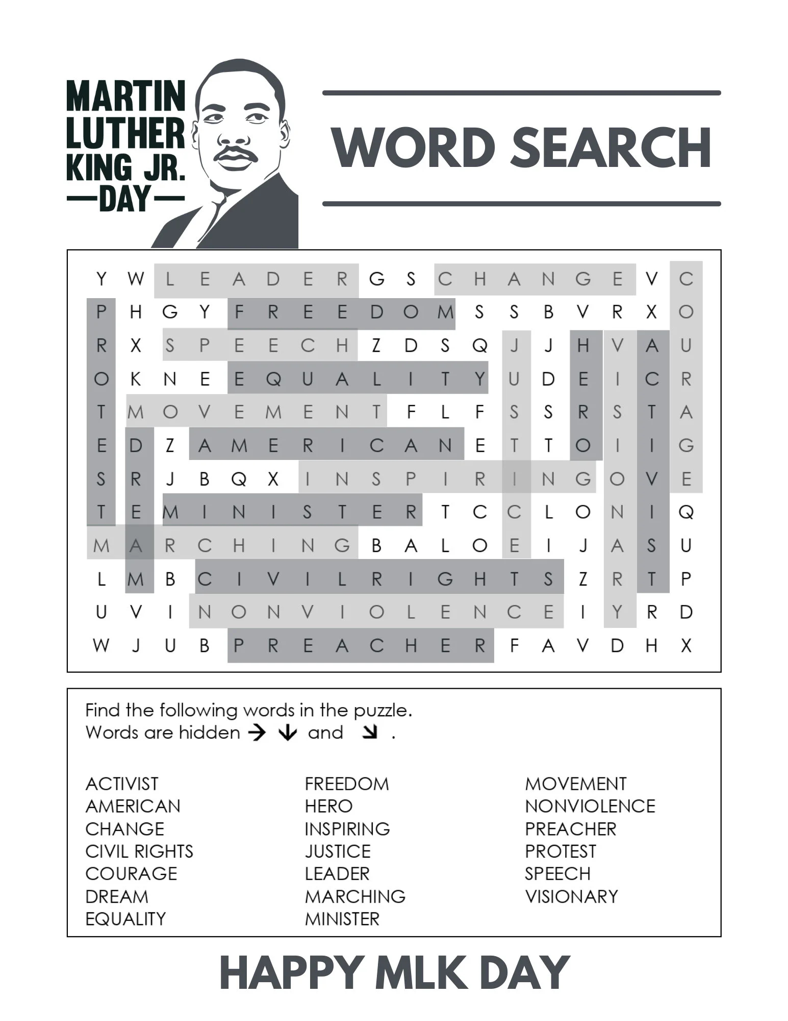 Martin Luther King Jr Day Word Search MLK Day Worksheets Classroom Homeschool Etsy