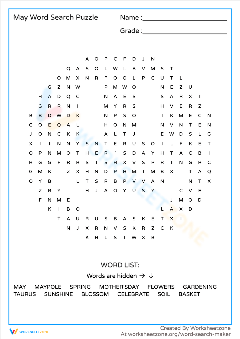 Printable May Word Search