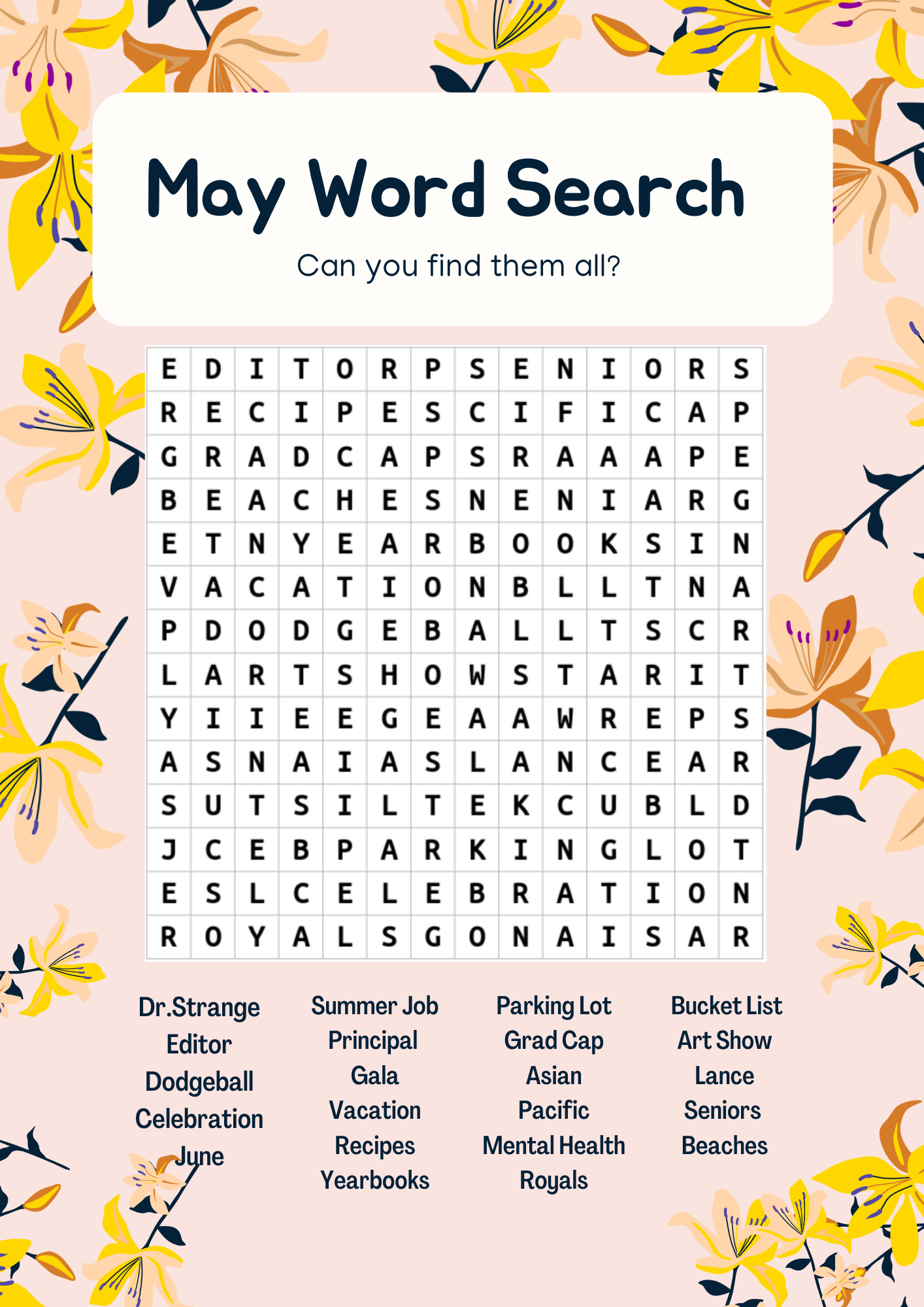 Printable May Word Search Puzzles