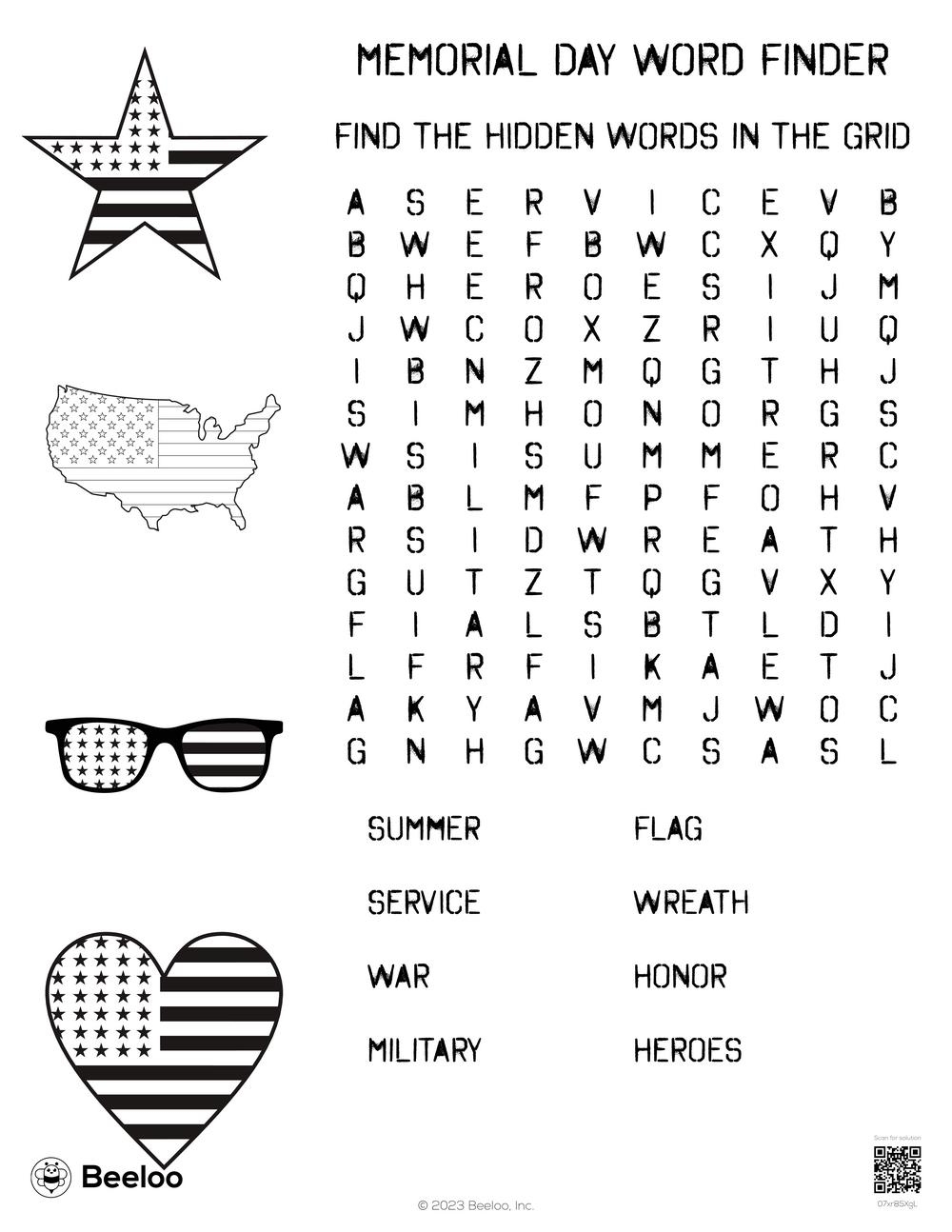 Memorial Day themed Word Searches Beeloo Printable Crafts And 