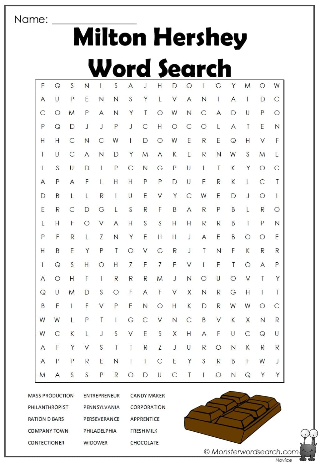 Milton Hershey Word Search Monster Word Search