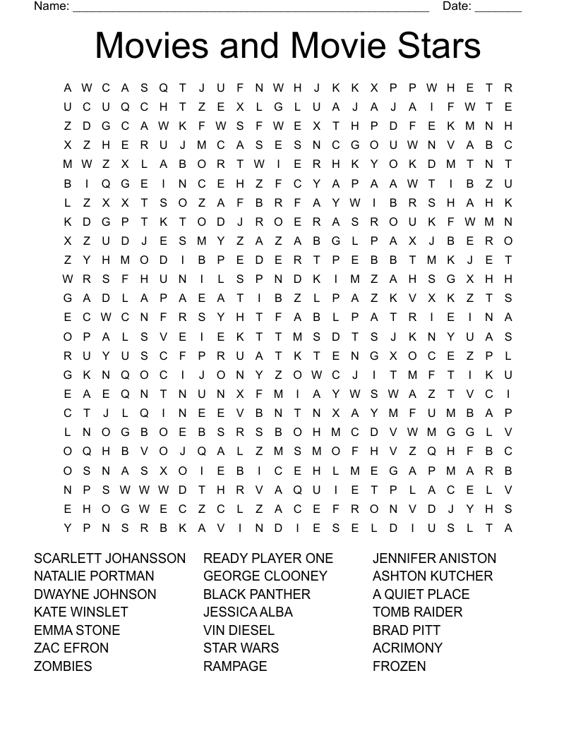 Movies And Movie Stars Word Search WordMint