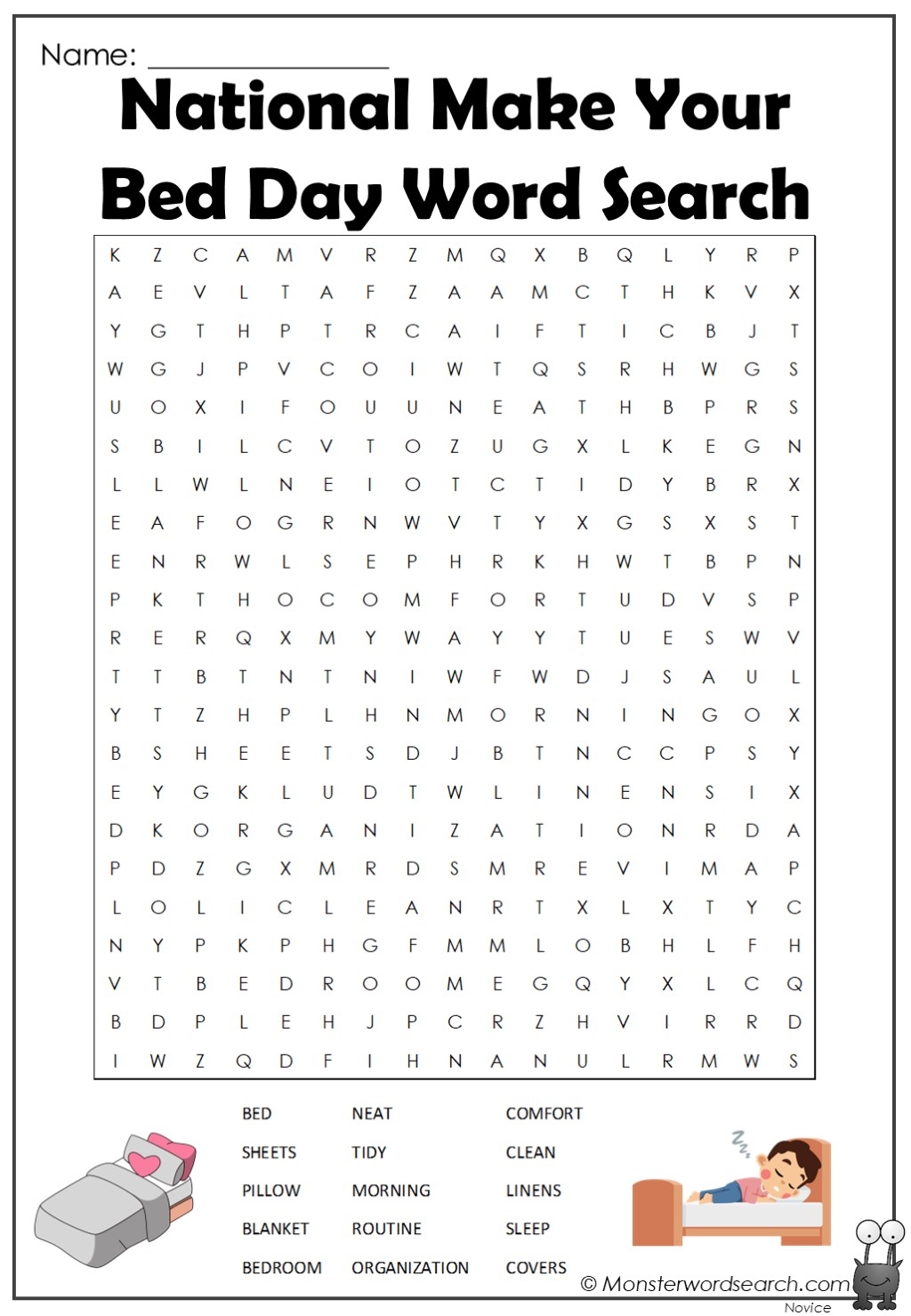 National Make Your Bed Day Word Search Monster Word Search