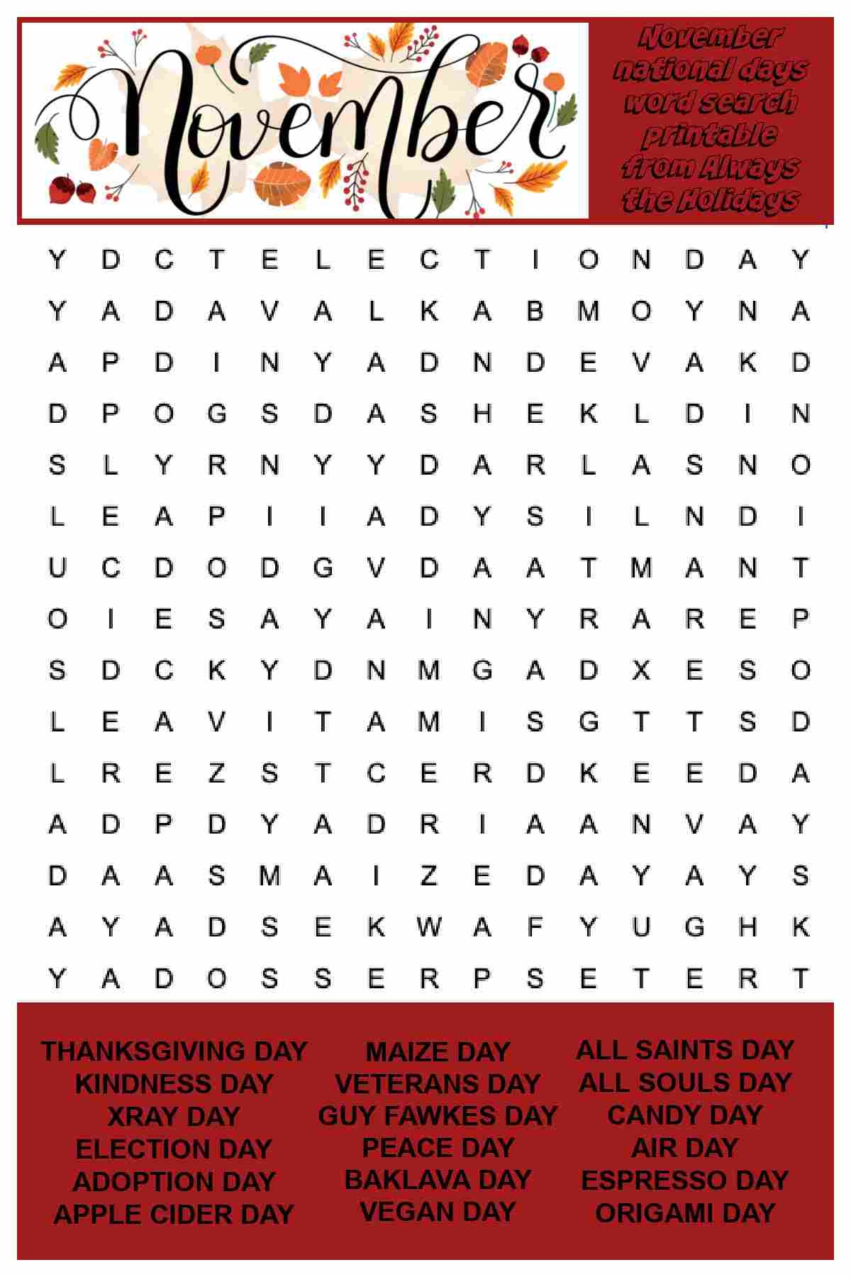 November Word Search Printable National Days Word Find Puzzle November Word Search Printable National Days Word Find Puzzle