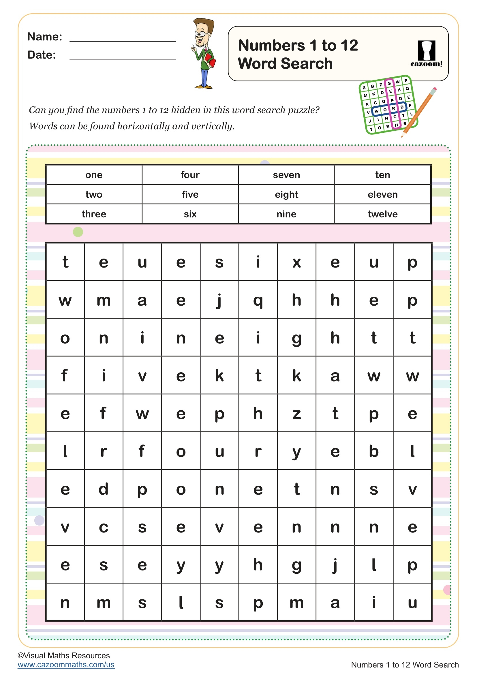Numbers 1 To 12 Word Search Puzzle FREE Teaching Resources