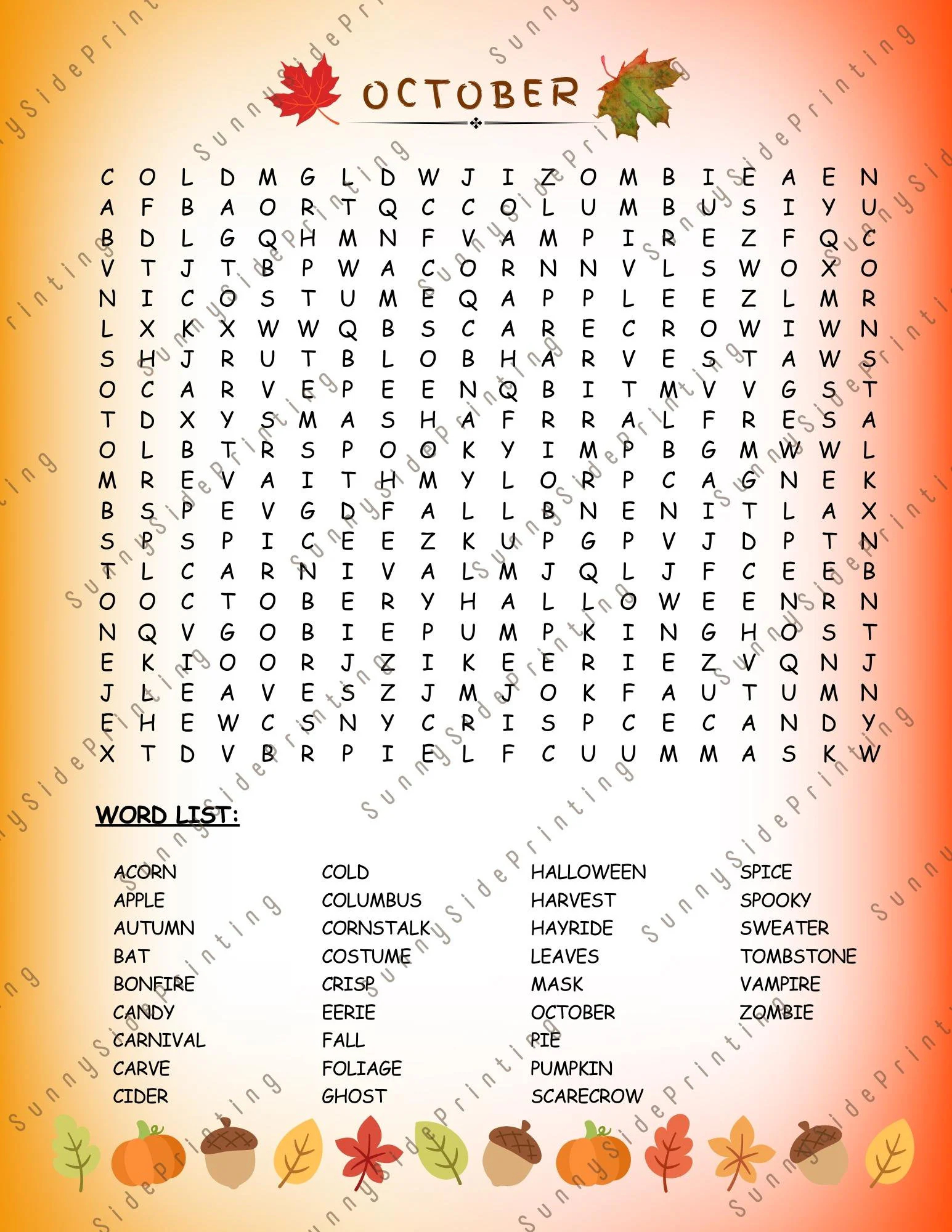 October Word Search Fall Themed Printable Instant Download Etsy