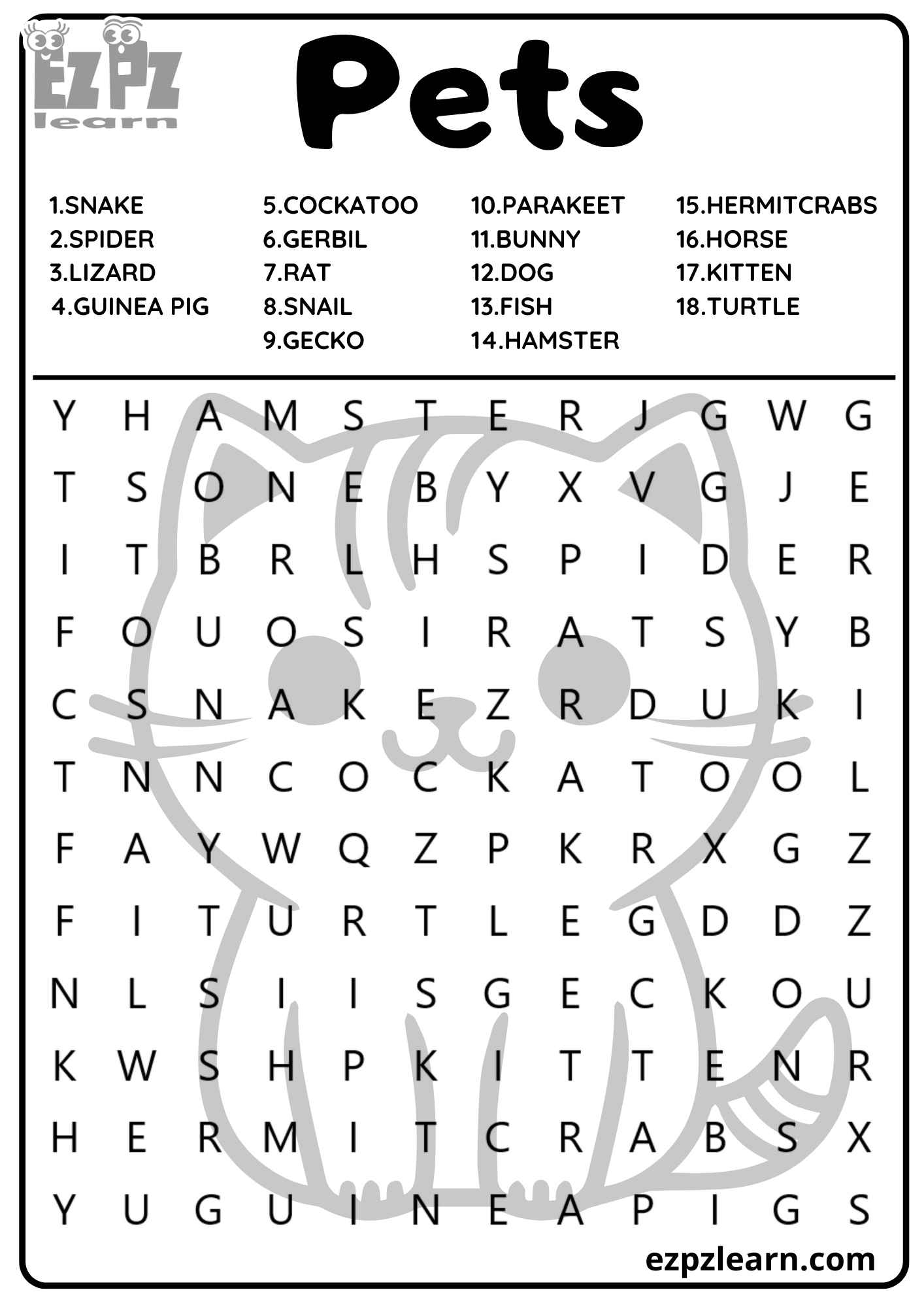 Pets Vocabulary Word Search For Kids And English Language Learners 18 Words Free PDF Download Ezpzlearn
