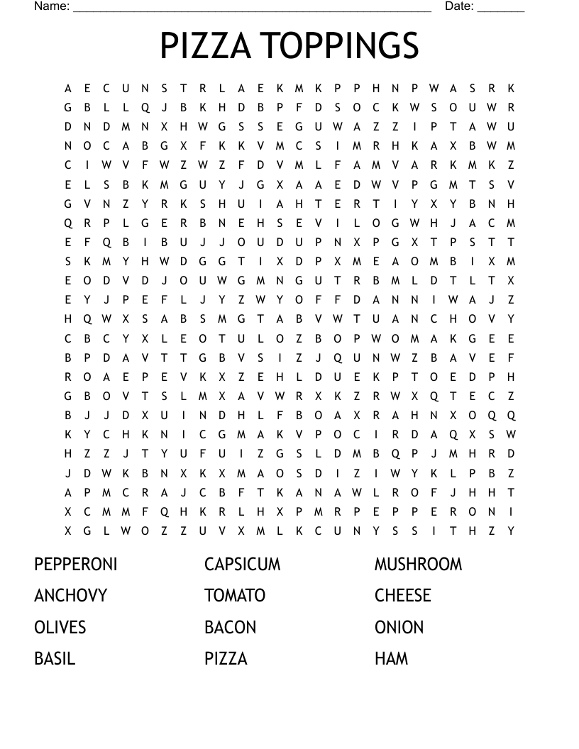 PIZZA TOPPINGS Word Search WordMint