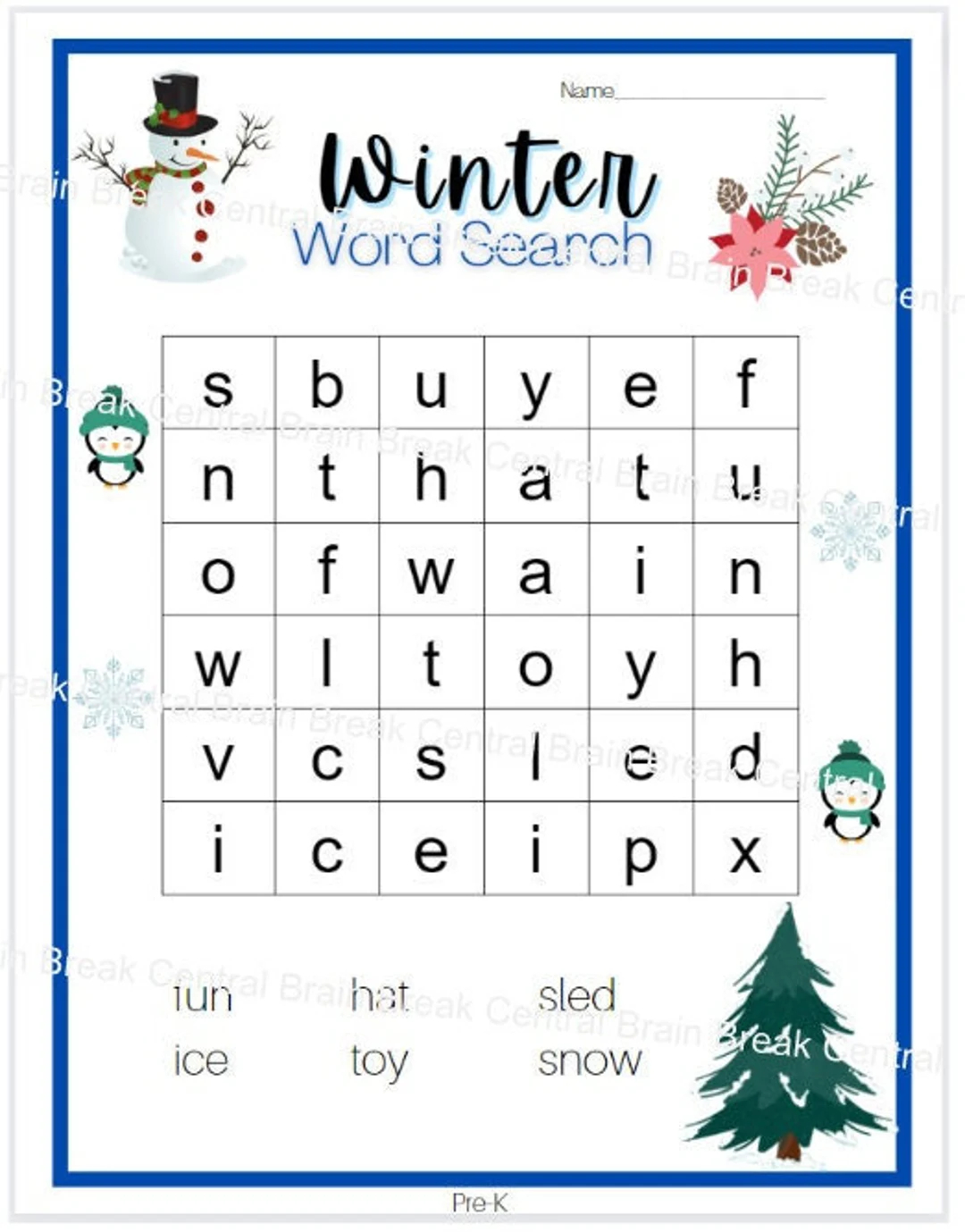 Pre k Winter Word Search With Answer Key Printable Etsy