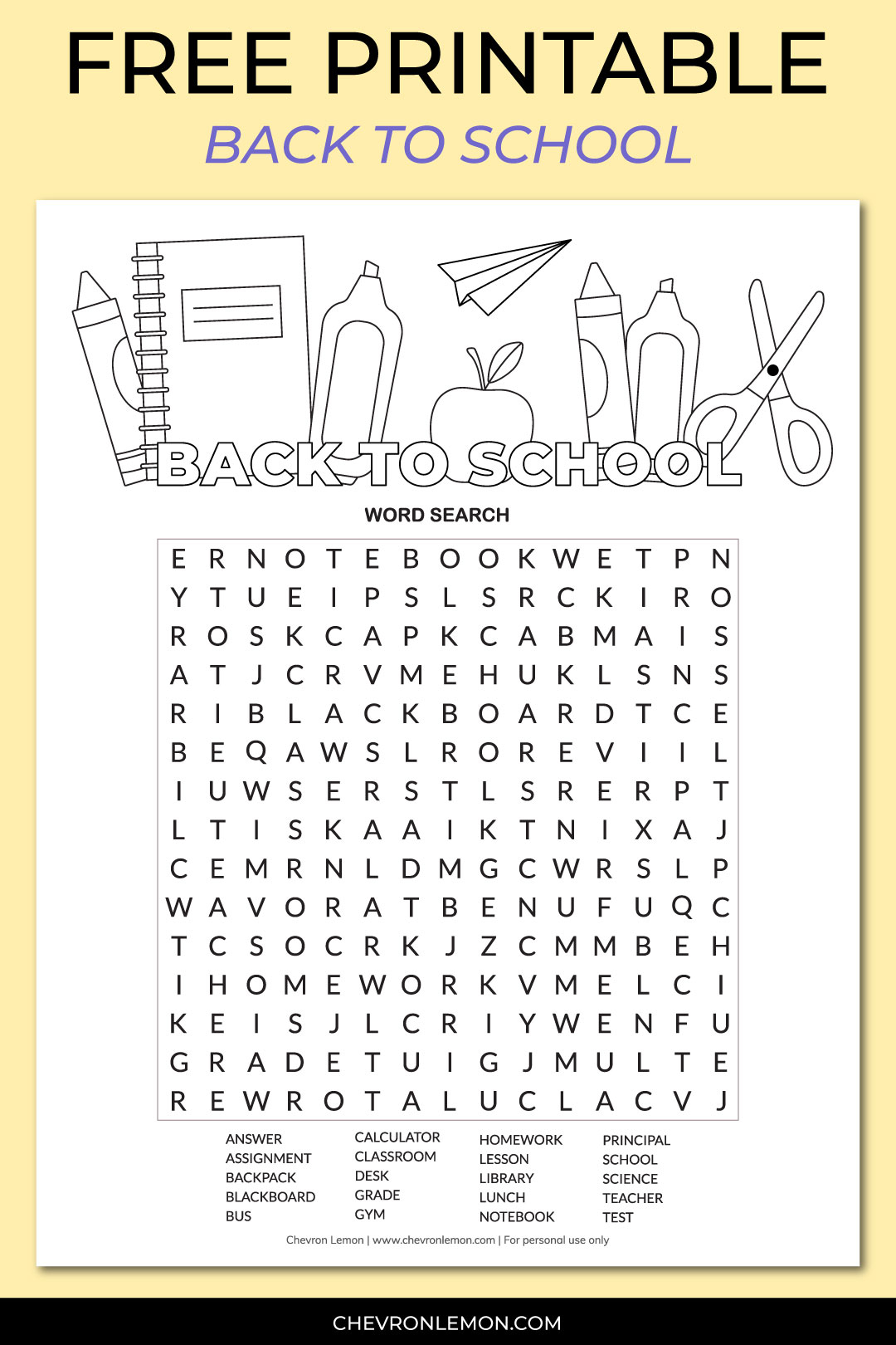 Printable Back To School Word Search Chevron Lemon