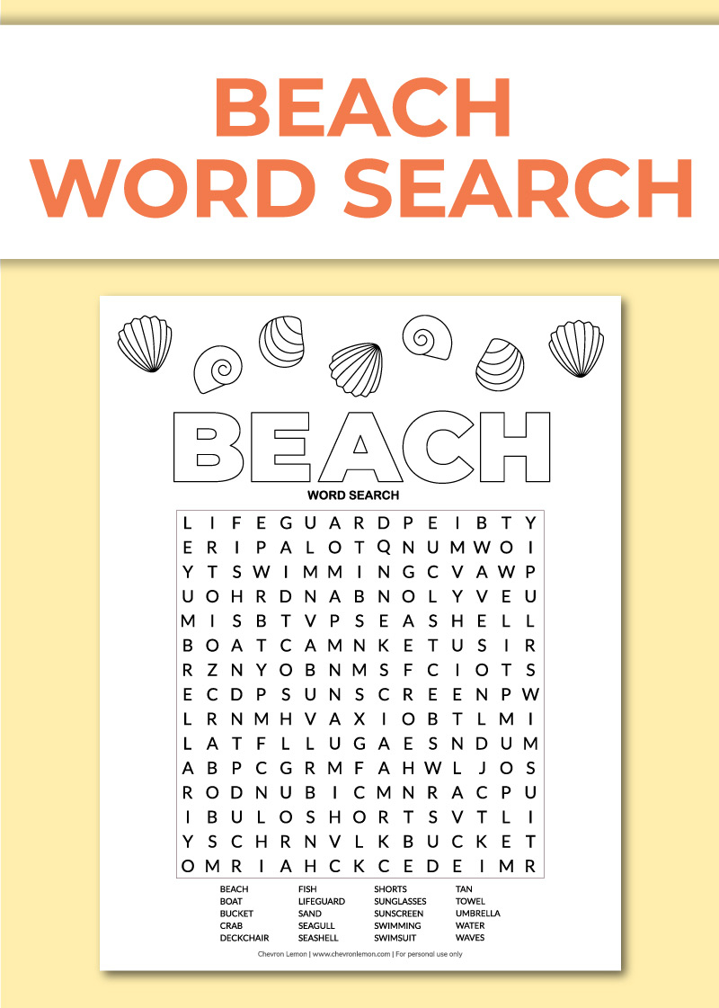 Printable Beach Word Search Chevron Lemon Printable Beach Word Search Chevron Lemon