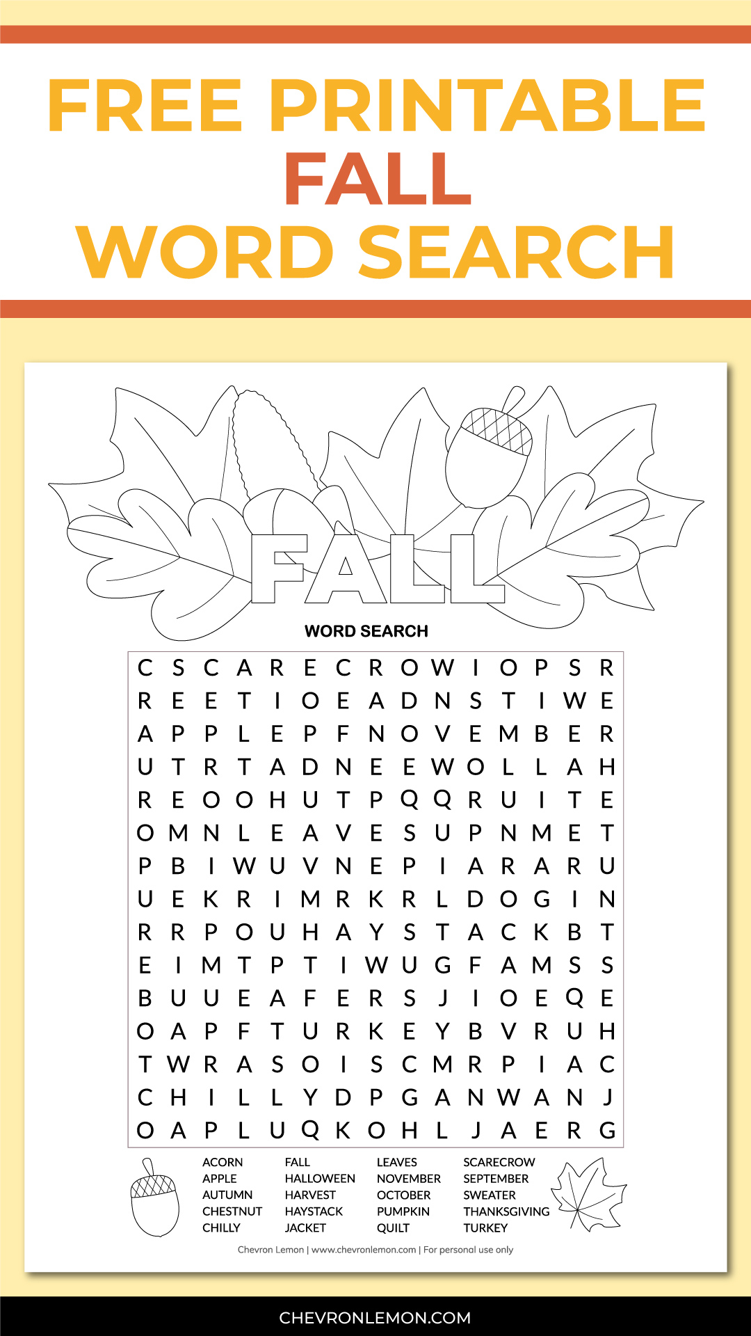 Printable Fall Word Search Chevron Lemon