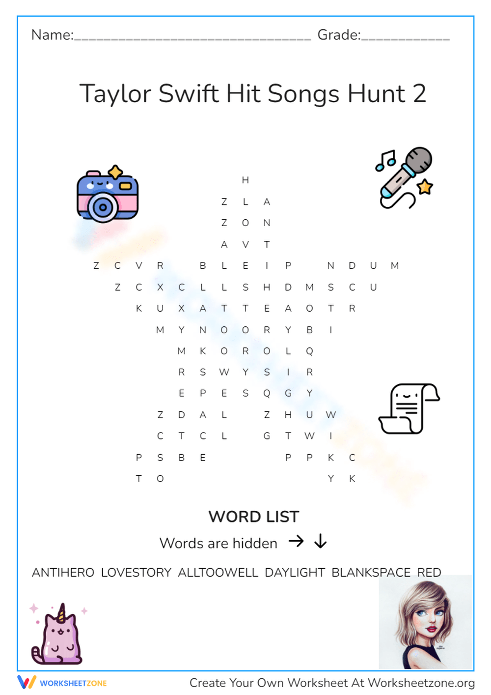 Printable Grade 2 Taylor Swift Word Search Worksheets