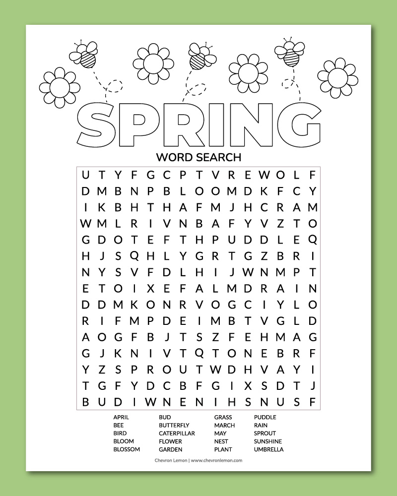 Printable Spring Word Search Chevron Lemon