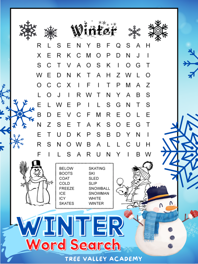 printable winter word search for 3rd grade tree valley academy