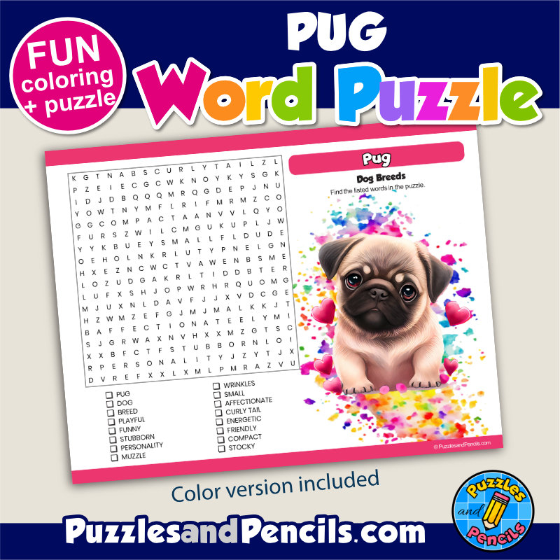 Pug Word Search Puzzle Activity Page And Coloring Dog Breeds Made By Teachers