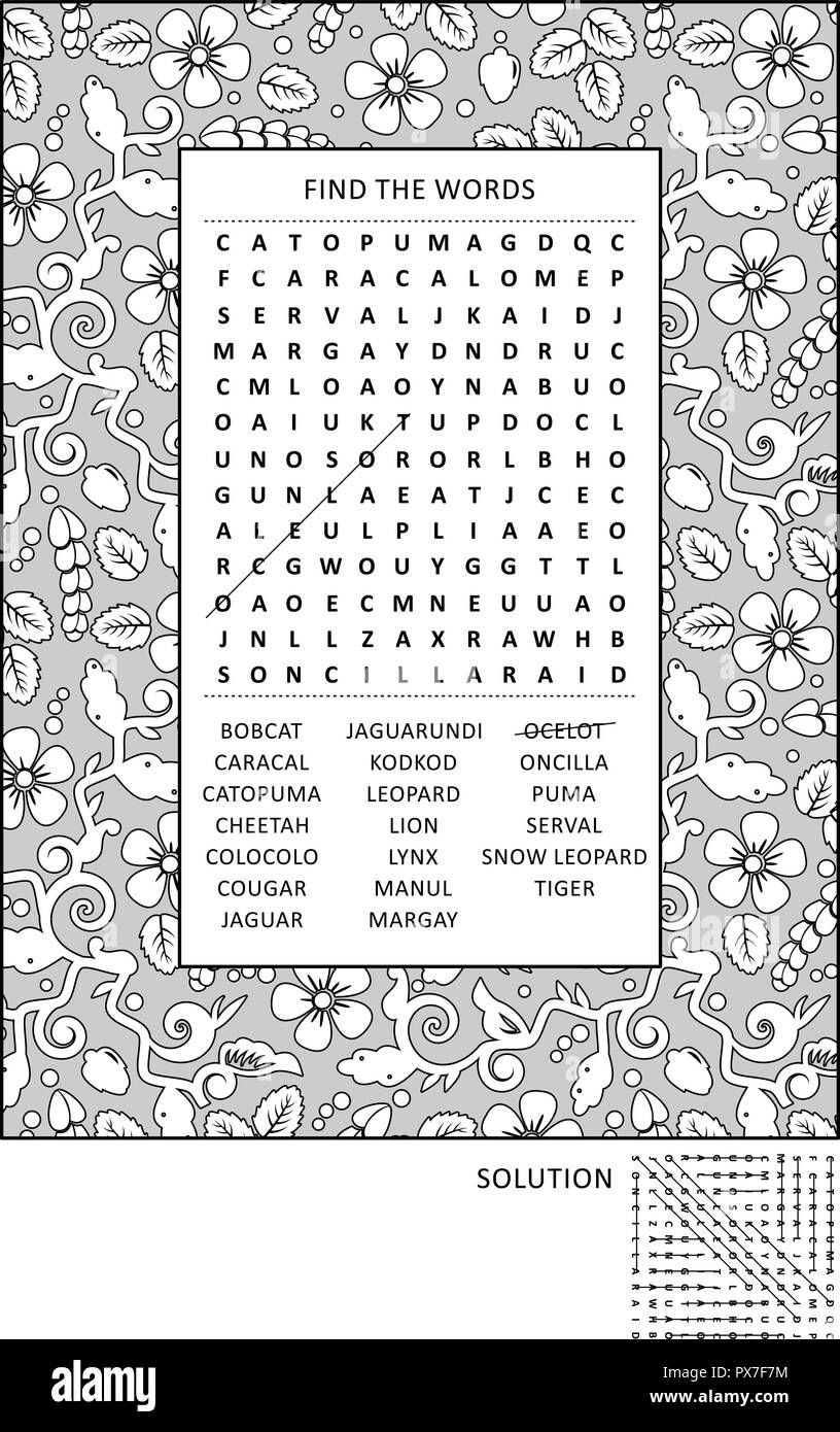 Puzzle And Coloring Activity Page With Wild Cats Word Search Puzzle English And Wide Decorative Frame To Color Answer Included Stock Vector Image Art Alamy