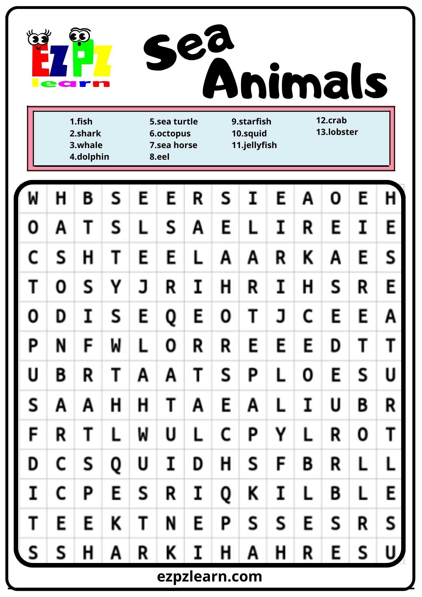 Sea Animals Word Search Ezpzlearn Sea Animals Word Search Ezpzlearn
