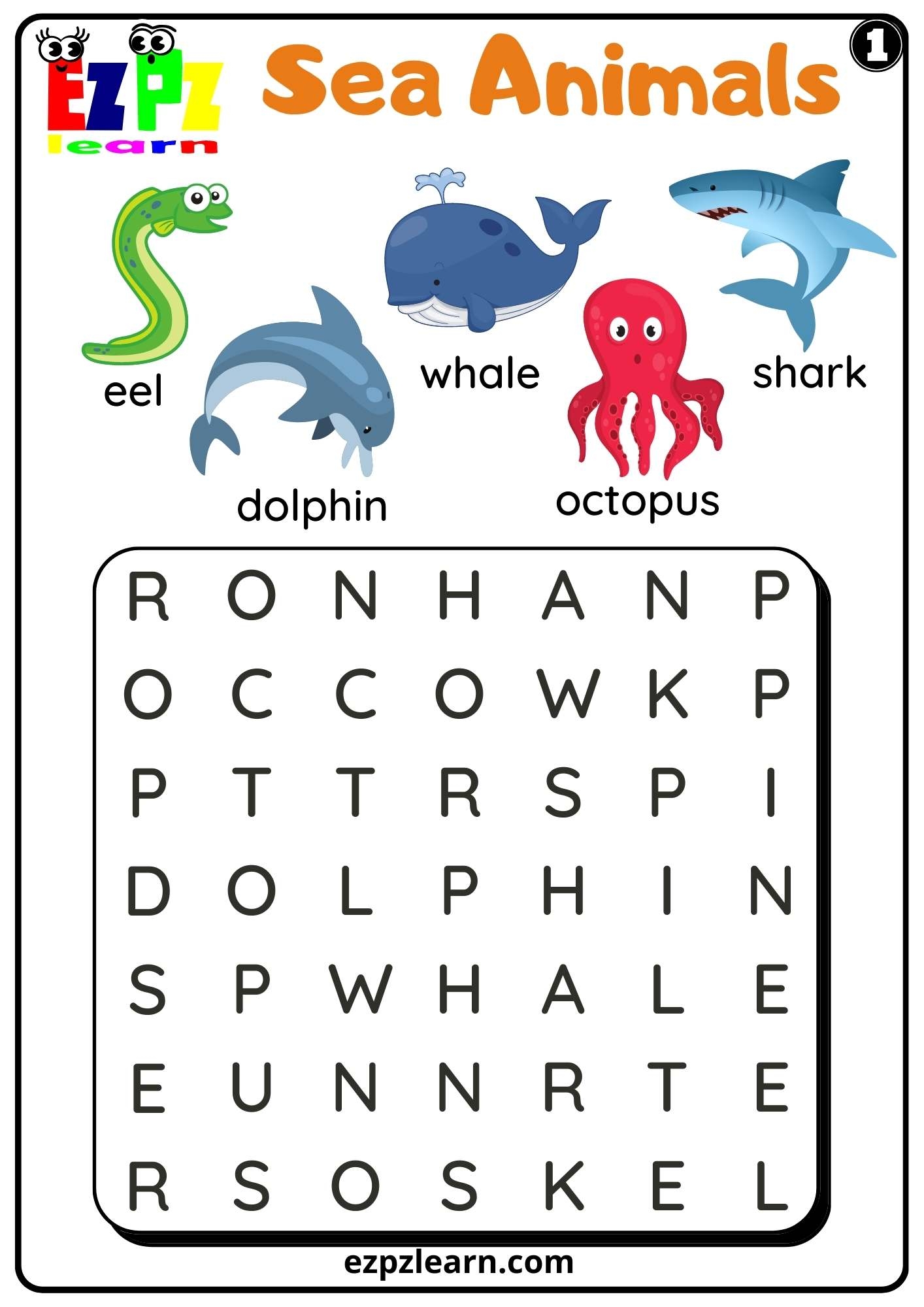 Sea Animals Word Search Worksheet For Kids And ESL Set 1 Free PDF Download Ezpzlearn
