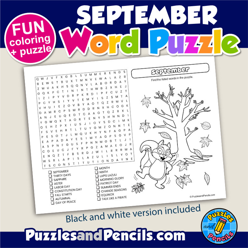 September Word Search Puzzle Activity Page And Coloring September Wordsearch Made By Teachers
