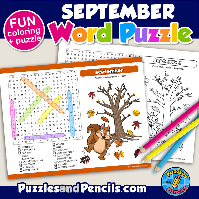 September Word Search Puzzle Activity Page And Coloring September Wordsearch Made By Teachers