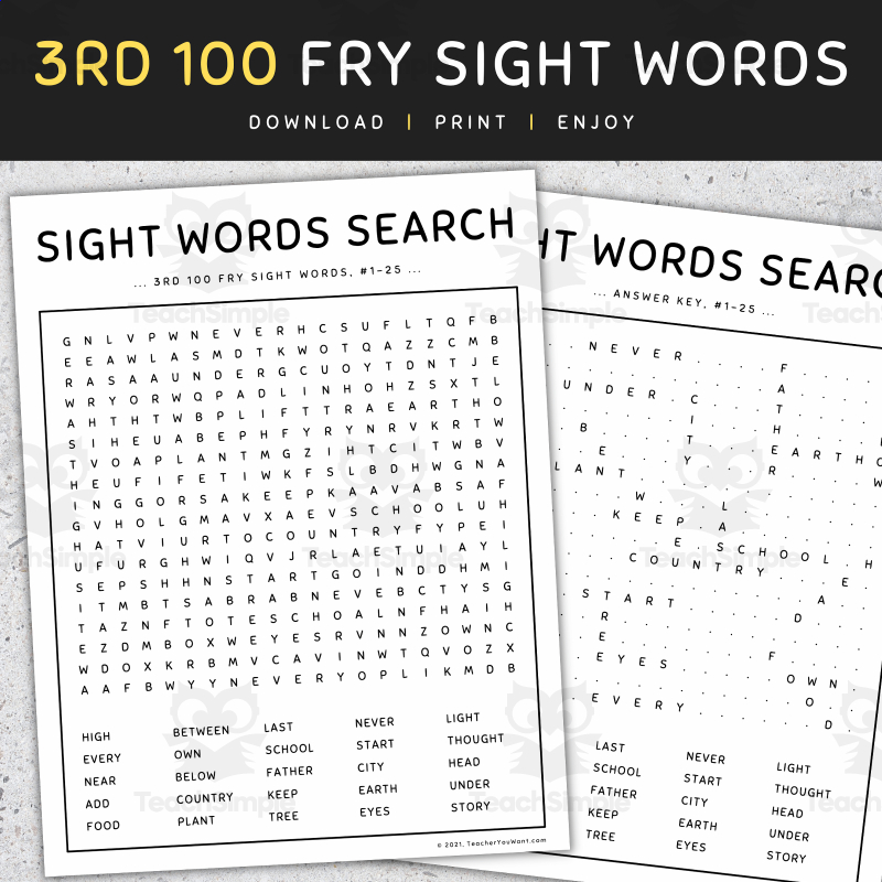 Sight Words Games Word Search 3rd 100 Fry Words SET 6 By Teach Simple