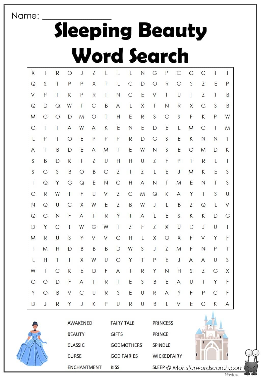 Sleeping Beauty Word Search Monster Word Search