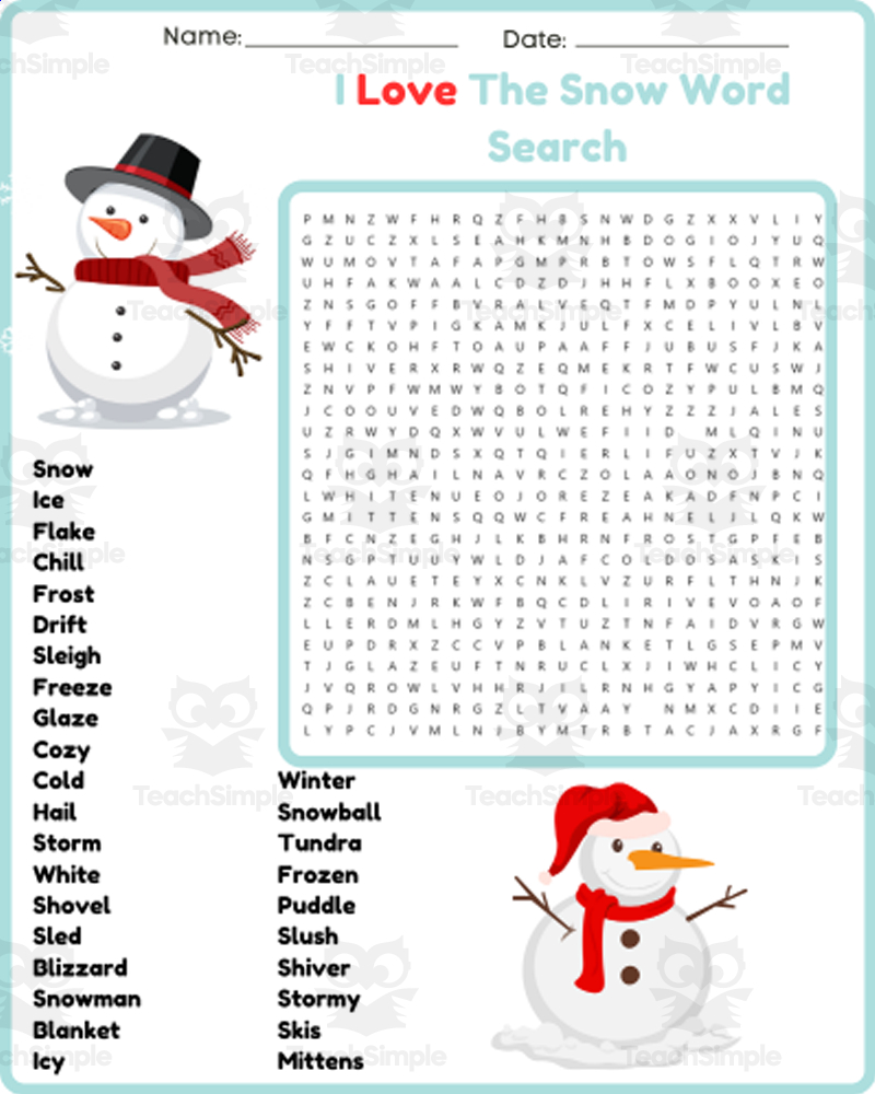 SNOW DAY Winter Word Search Puzzle Worksheet 3rd 4th 5th 6th Grade By Teach Simple