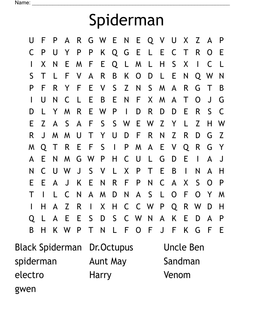 Spiderman Word Search WordMint