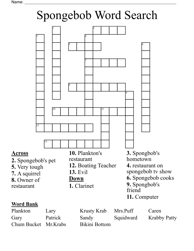 Spongebob Word Search Crossword WordMint