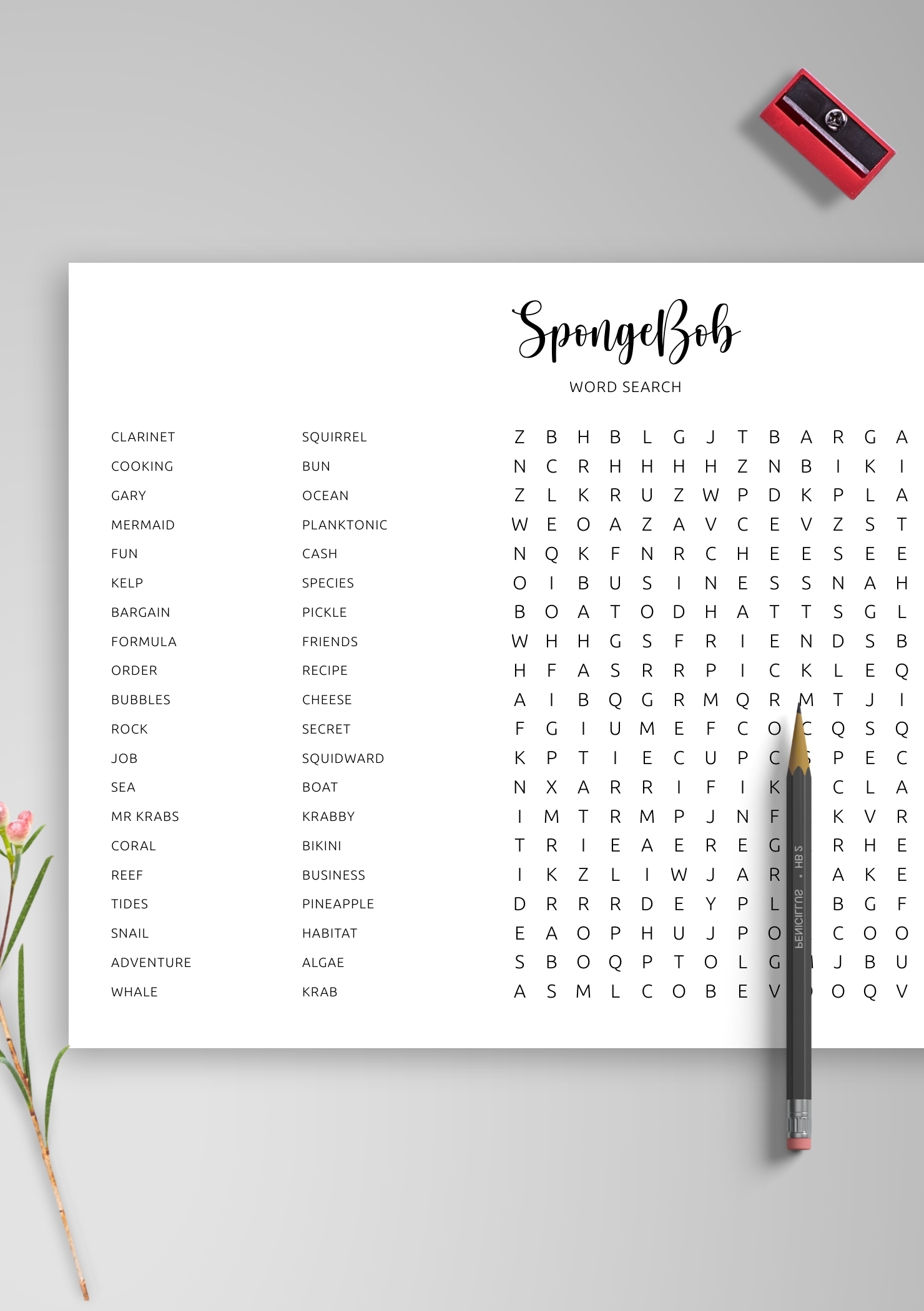 SpongeBob Word Search Template