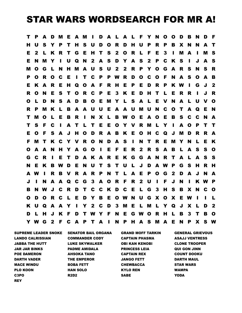 STAR WARS WORDSEARCH FOR MR A WordMint