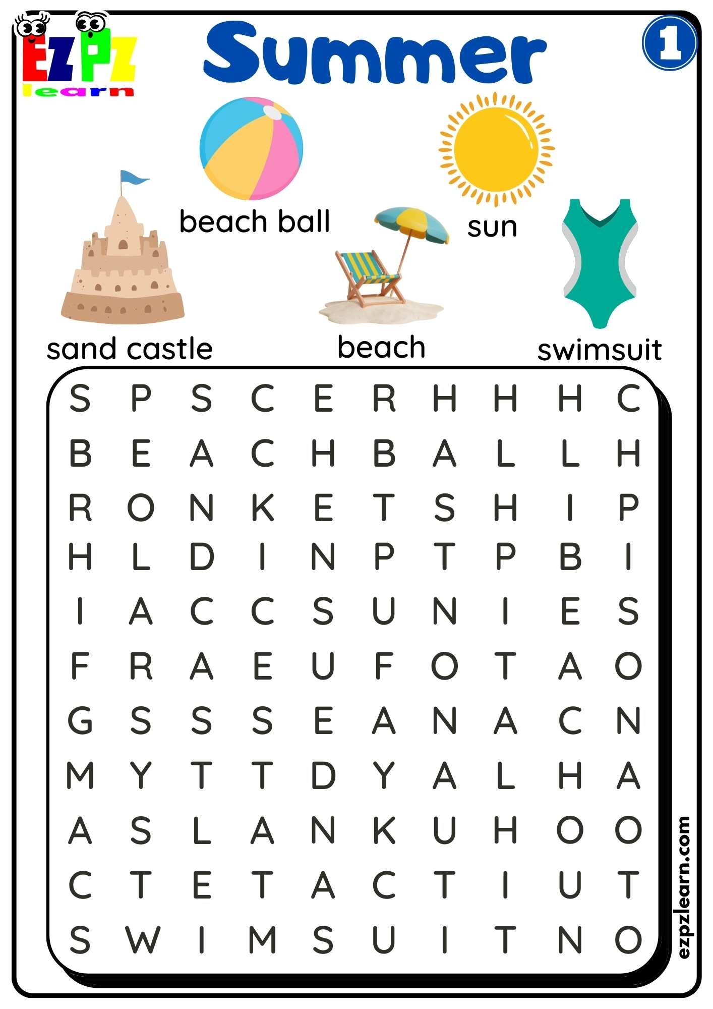 Word Search For Summer