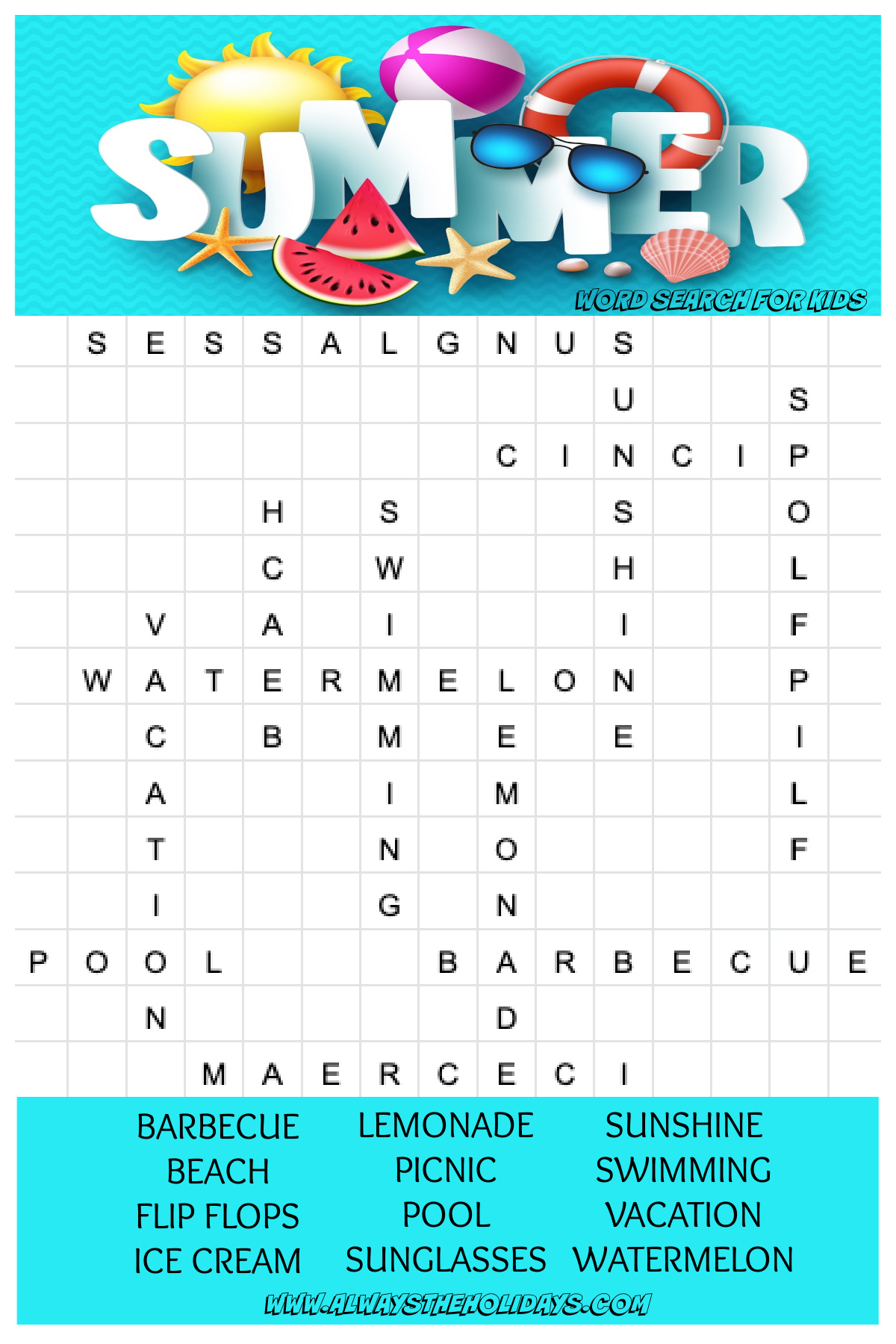 summer word search printable free word search answer key