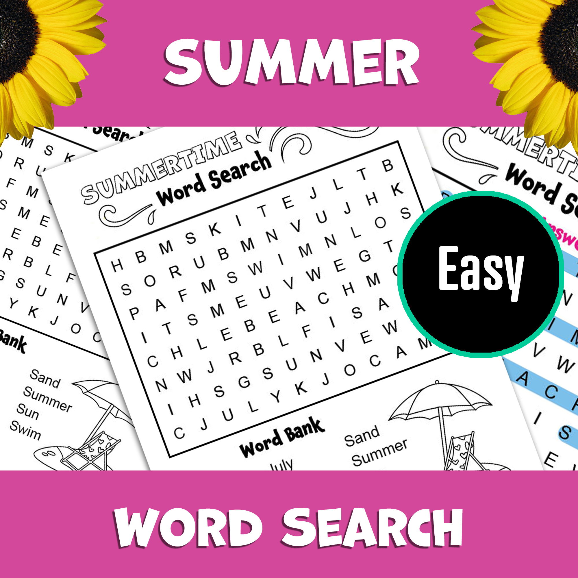 Summer Word Search Puzzle Easy Level Summertime Word Game Activity Classful