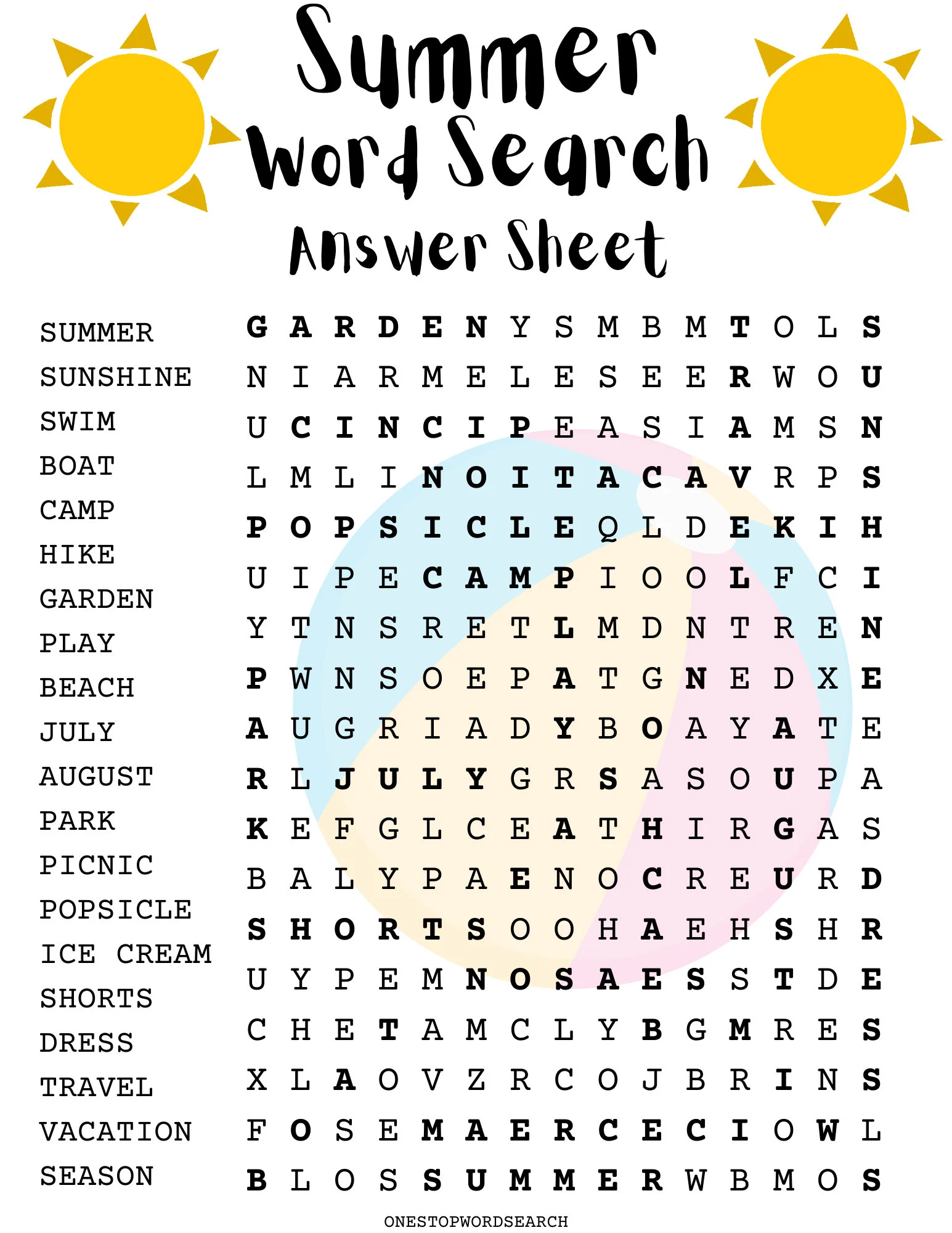 Summer Word Search Puzzle With Answer Sheet Seasonal Games 